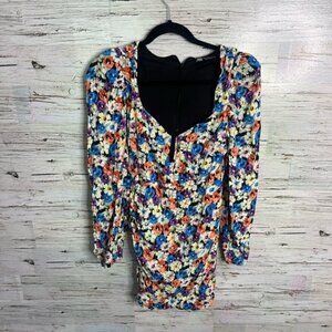 Zara Orange and Blue Puff Sleeve Bodycon Dress floral size xs